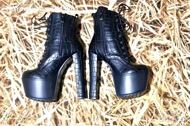 Луксозни дамски черни боти от релефна изкуствена кожа с висок ток и платформа-олекотени . N36 НОВИ , снимка 3 - Дамски боти - 53046956