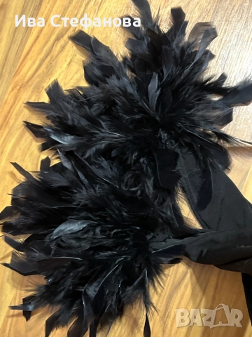 Черно еластично парти коктейлно официално поло топ естествени пера универсален размер, снимка 6 - Блузи с дълъг ръкав и пуловери - 51953668