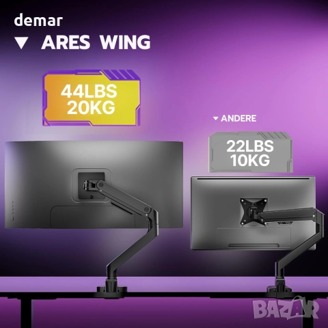 ARES WING Единично рамо за монитор от 17" до 49", черно, до 20 кг, снимка 3 - Монитори - 51687232