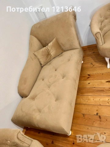 НОВ Комплект лежанка два фотьойла и пейка в бежово, снимка 4 - Дивани и мека мебел - 54202328