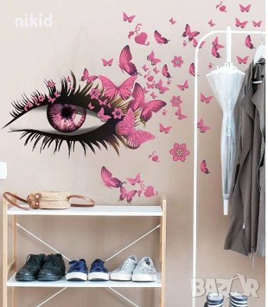 розово лилаво око поглед пеперуди нежен стикер лепенка декор стена спалня стая гардероб самозалепващ, снимка 1 - Декорация за дома - 16190013