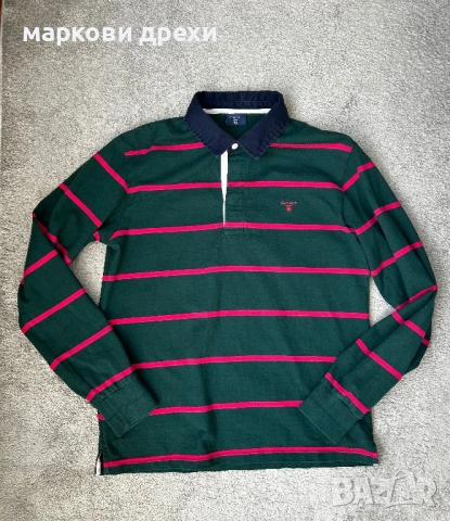 GANT fine knit lambswool striped rugby polo in green L