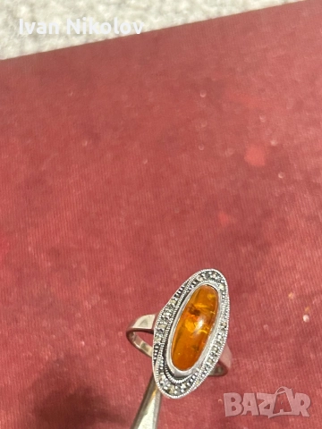 Дамски сребърен пръстен с кехлибар, снимка 2 - Пръстени - 52886773