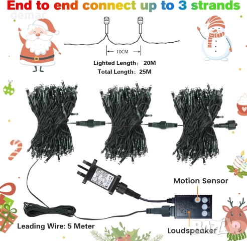 Коледни лампички за елха, 20+5M 200 LED, коледна музика, сензор за движение, бели, снимка 7 - Декорация за дома - 52455208