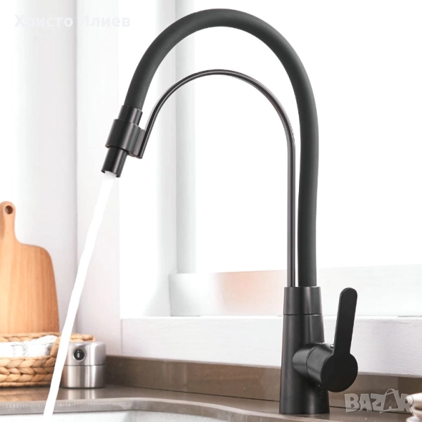 Луксозен модерен кухненски смесител Черен въртящ се на 360 чучур, снимка 1