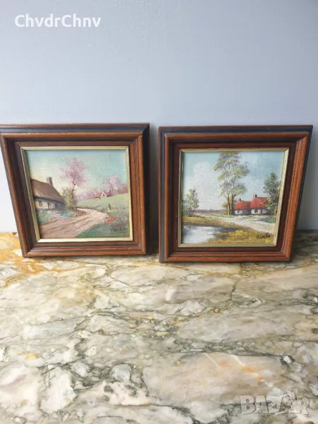 23x21см/3бр малки стари картини масло върху платно/селски пейзажи/картина в дървена рамка, снимка 1