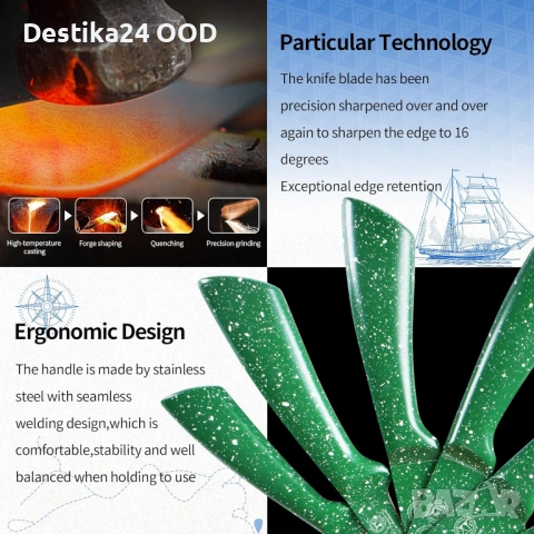 Комплект кухненски ножове с поставка неръждаема стомана, зелени, снимка 4 - Прибори за хранене, готвене и сервиране - 53899039