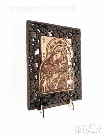 Богородица с Младенеца - ръчно дърворезбована и  гравирана икона, снимка 2 - Икони - 46243688
