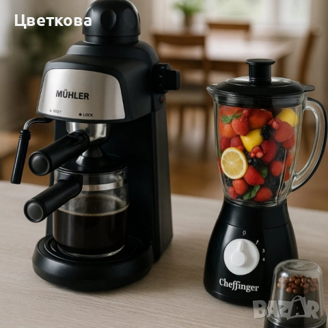 Комплект от еспресо машина MUHLER 2 стъклени чаши и блендер с мелничка Cheffinger Home , снимка 3 - Кафемашини - 52379379
