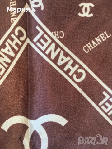 Дамски Квадратен Шал Кафяв Бежов / Кремав Полиестер Сатен Chanel Шанел Лого, снимка 13 - Шалове - 51822664