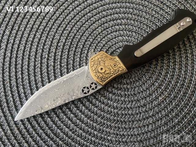 Сгъваем нож  имитиращ дамаска стомана 80х200 - Череп+Кости, снимка 5 - Ножове - 53713149