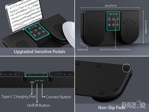 Bluetooth педал за прелистване на страници с RGB подсветка, Doohoeek, снимка 11 - Друга електроника - 53541940