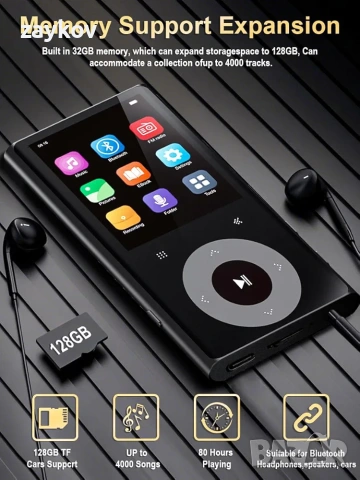64GB MP3 плейър с Bluetooth, 2.4" екран, Hi-Fi звук без загуби, Bluetooth MP3 плейър, снимка 4 - MP3 и MP4 плеъри - 53889782