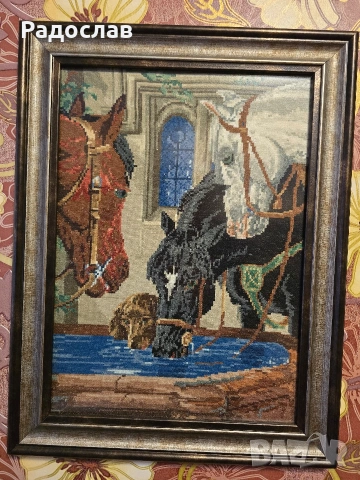 ГОБЛЕН "КОНЕ НА ВОДОПОЙ" DMC КОНЦИ, снимка 2 - Гоблени - 54242404