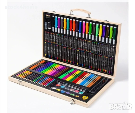 Комплект за рисуване и оцветяване за деца, 180 части, дървена кутия, 12 вида прибори, Ярки цветове, снимка 2 - Рисуване и оцветяване - 53900676