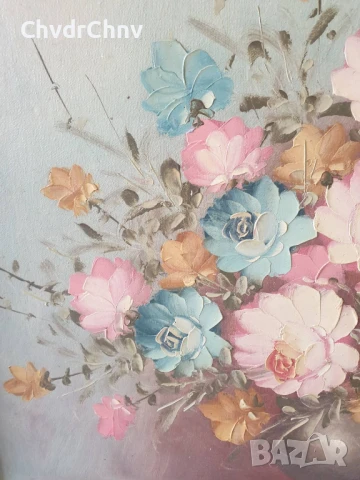 Robert Cox 63х53см/стара картина масло върху платно/натюрморт ваза с цветя/дървена рамка, снимка 5 - Картини - 50895732