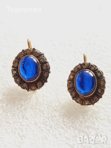 Стари антикварни златни обеци със сапфири и диаманти, злато 14к., 2 260 лв, снимка 2 - Обеци - 52211596