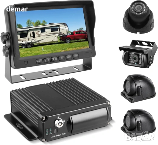 4-канален 1080P H.265 автомобилен мобилен DVR, 7-инчов VGA монитор