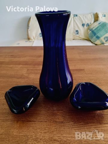 Винтажна ваза и два пепелника гутно стъкло 1970г, снимка 8 - Вази - 37411372