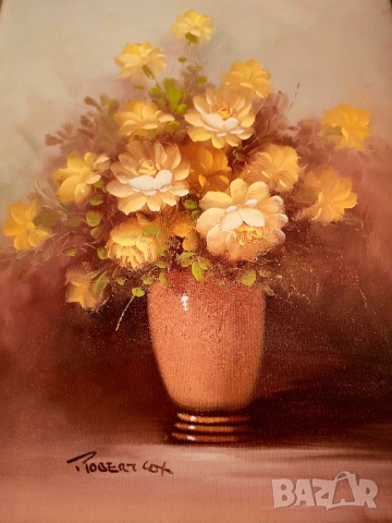 Винтидж оригинална маслена картина ваза и цветя на художника Робърт Кокс, снимка 3 - Картини - 52192915