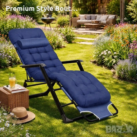 Сгъваем градински шезлонг, регулируем, със синя ватирана възглавница и дишаща материя, 178 см, снимка 3 - Градински мебели, декорация  - 53891509