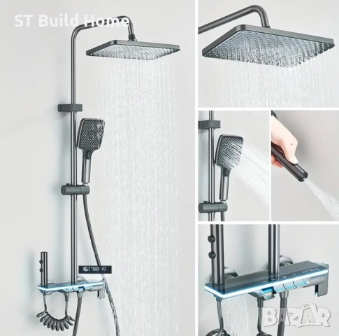 Стенна душ система с 4 бутона, дъждовна глава, ръчен душ и 2-в-1 биде спрей – Gunmetal, снимка 3 - Душове - 51625858