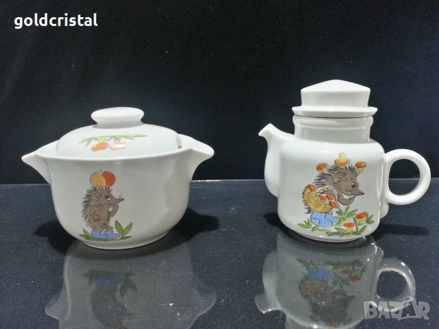 Стар български порцелан детски мотиви супник и чайниче 