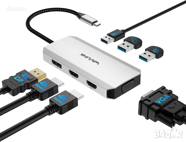 Докинг станция WAVLINK USB-C за четири монитора, два HDMI, DP, VGA и 3хUSB 2.0