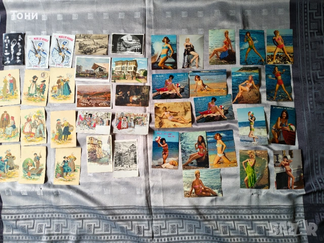 лот ретро картички и архив: Автограф на Елена Николай, Френски носии (1945) и винтидж плаж
