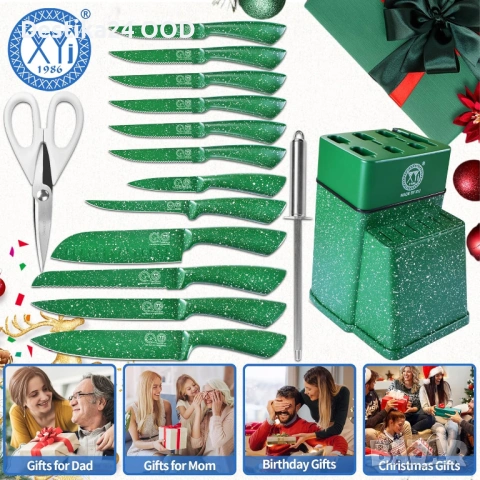 Комплект кухненски ножове с поставка неръждаема стомана, зелени, снимка 9 - Прибори за хранене, готвене и сервиране - 53899039