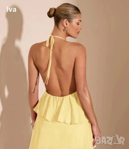 Намаление! Жълта рокля с открит гръб S, M, L размер, ефирни пластове, снимка 2 - Рокли - 51382423