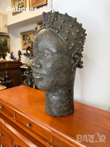 Африканско изкуство бронзова глава Бенин №7390 , снимка 4 - Антикварни и старинни предмети - 51880842