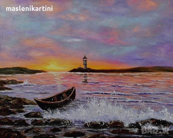 МОРСКИ ИЗГРЕВ И ЛОДКА маслена картина, снимка 2 - Картини - 52466992