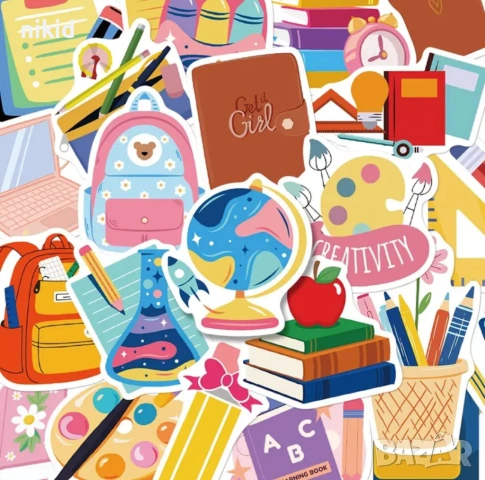 50 бр училище училищни учебни инструменти самозалепващи лепенки стикери украса декор картонена торта, снимка 2 - Други - 53963220