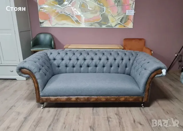 Сив комплект от плат Честърфийлд диван тройка и фотьойл, снимка 2 - Дивани и мека мебел - 50059641