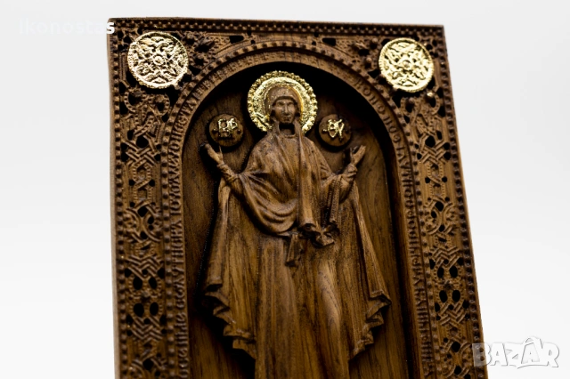 Позлатена релефна икона на Пресветата Майка Богородица, дъб, снимка 5 - Икони - 53223529