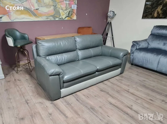 Сив кожен диван тройка, снимка 6 - Дивани и мека мебел - 51951655