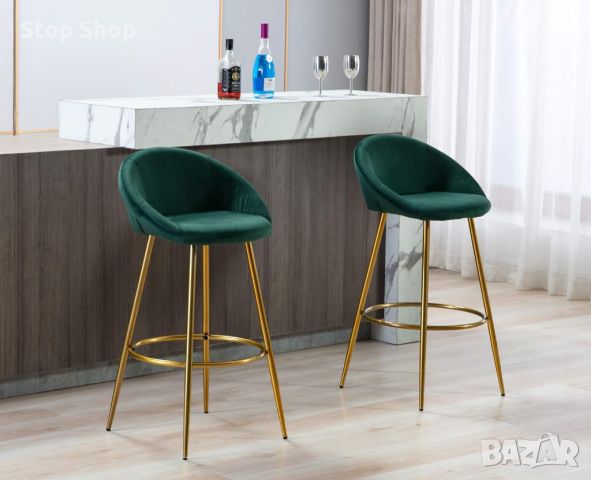 Кадифени бар столове Комплект от 2 със златни метални крака, модерни бар столове от средата на века , снимка 6 - Столове - 45144922