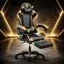 Черен геймърски стол с златисти акценти и разтегляема поставка за крака – луксозен комфорт без компр, снимка 6