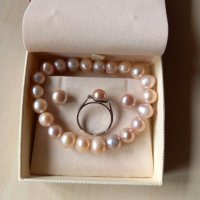 YUNO pearls-Комплект розови перли/ гривна, обеци и сребърен пръстен/., снимка 1 - Бижутерийни комплекти - 45302872
