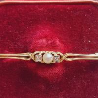 Антикварна златна 14к брошка с натурална перла и два диаманта , снимка 2 - Колиета, медальони, синджири - 45115094