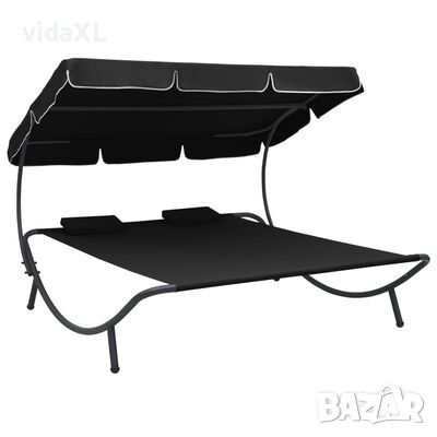 vidaXL Лаундж легло за открито с навес и възглавници, черно（SKU:313521, снимка 1