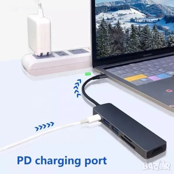 6 В 1 USB тип C към 4K HDMI USB3.0 USB SD TF адаптер за четец на карти, снимка 1