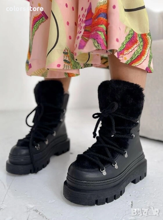 Боти на платформа - черна кожа с черен пух - BPUH1, снимка 1