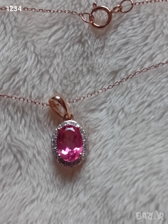 Фирмено розово злато колие с диаманти и розов топаз, снимка 1