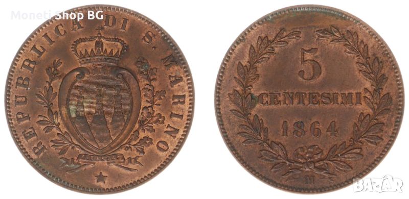 Монета от 1864-M Сан Марино 5 Centesimi, снимка 1