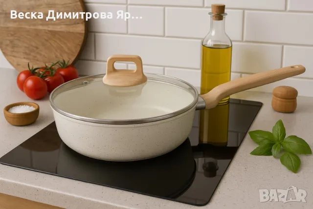 Тиган с капак Voltz Nice , Дълбок, Кован алуминий, Мраморно покр., Индукция, Кремав меланж, снимка 3 - Съдове за готвене - 50198289