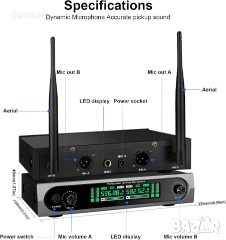 Безжична UHF микрофонна система с два динамични микрофона, до 60 м, снимка 5 - Микрофони - 53645861