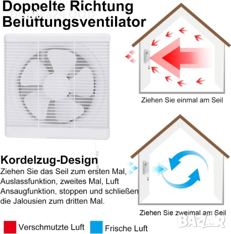 Вентилатор за баня, кухня 300 x 300 мм 800 m³/h реверсивен HUGOOME, снимка 7 - Вентилатори - 53280749