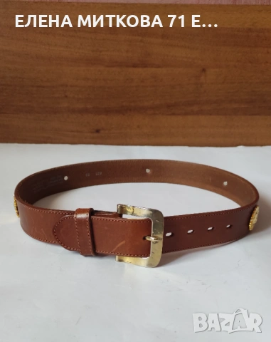 Кафяв колан от дебела естествена кожа и масивна метална тока и декорация в златисто, снимка 2 - Колани - 53738531
